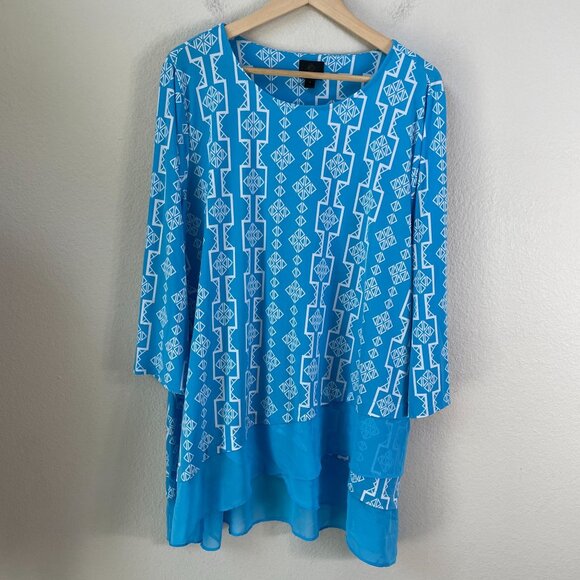 JM Collection Womens Plus 2X Geometric Print Tunic Top Long Sleeve Stretch Shirt - Picture 7 of 10